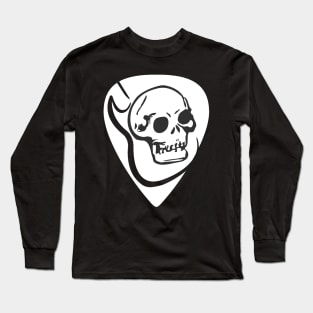 White guitar pick with a dark skull and textured guitar silhouette. Rock/Roll lovers. Long Sleeve T-Shirt